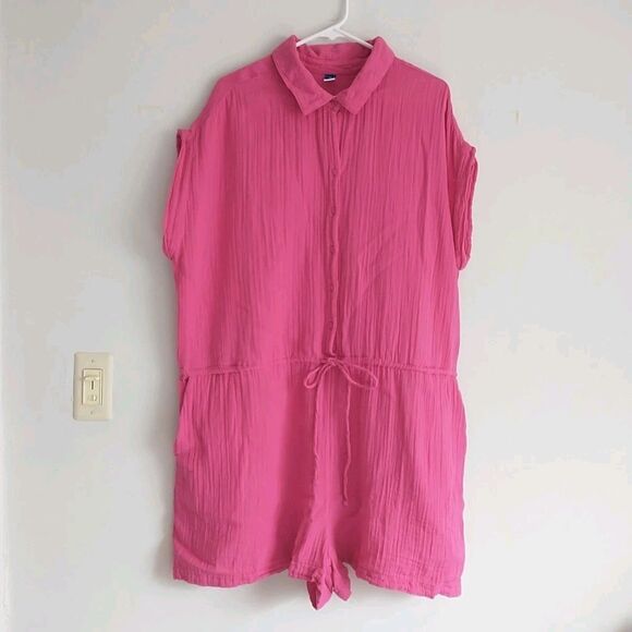 Old Navy Romper Shorts 2X Pink Cotton Gauzy Seersucker Collar Waist Tie Colorful - Picture 1 of 10